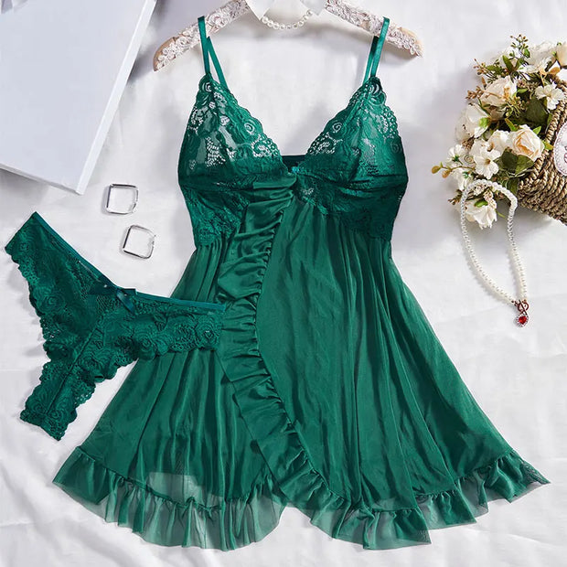 Exquisite Tulle Suspenders Lace V-Neck Nightgown Set for Women Semi-transparent Thong Underwear with Eye-catching Design