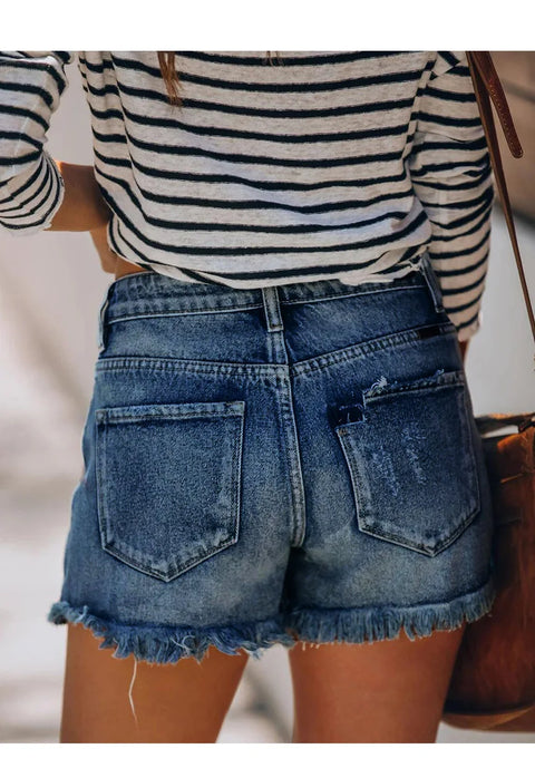 2025 Summer New Women's Ripped Denim Shorts Fashion High Elastic Tassel Straight Jeans Shorts Casual Sexy Ladies Shorts