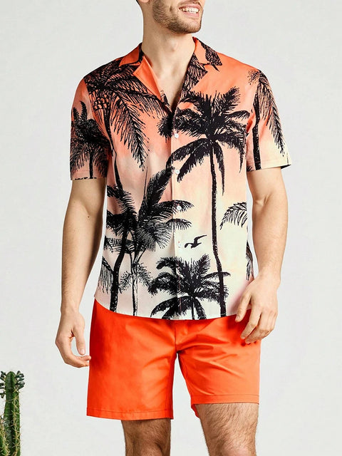 Casual Men's Short-Sleeved Shirt and Beach Shorts Set for Hawaiian Vacation Eye-Catching Design That Keeps Shorts Cool