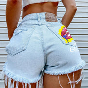 Denim Shorts for Women High Street Style with Red Lips Printed Jean Shorts Causal New Teeth Bite Bullet Pattern Summer Tassel Shorts