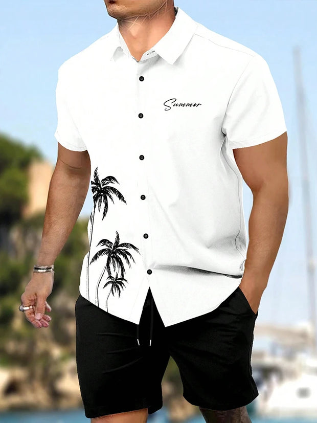 Casual Men's Short-Sleeved Shirt and Beach Shorts Set for Hawaiian Vacation Eye-Catching Design That Keeps Shorts Cool