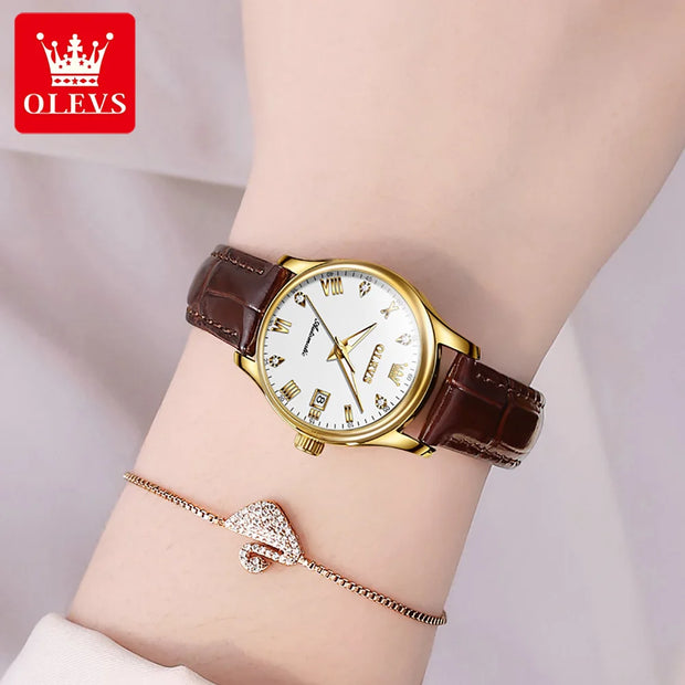 OLEVS Brand Women's Mechanical Watch with Simple Leather Strap Calendar Fully Automatic 9932 Model