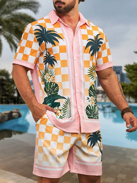 Casual Men's Short-Sleeved Shirt and Beach Shorts Set for Hawaiian Vacation Eye-Catching Design That Keeps Shorts Cool