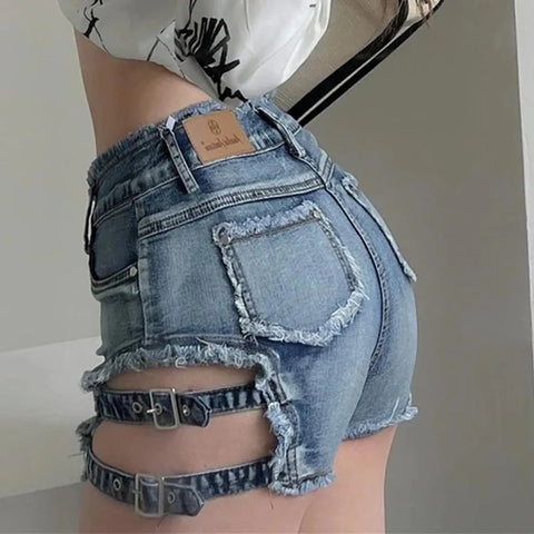 New Sexy Hollow High Waist Perforated Bar Hot Pants Summer High Elastic Plus Size Fashion Casual Jeans Denim Shorts Women