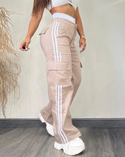 Streetwear High Waist Cargo Pants Women Striped Tape Patch Shirred Stretchy Trousers Solid Straight Big Pockets Y2K Sweatpants