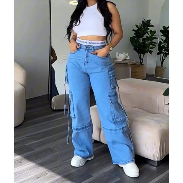 High Waist Wide Leg Denim Straight Jeans for Women Y2K Hip-hop Streetwear Loose Fit Colorblocked Design Short Length