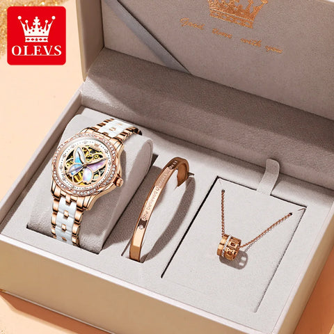 OLEVS Elegant Ladies Watch Butterfly Dial Design Waterproof Ceramic Strap Bracelet Set with Diamonds Ideal Gift