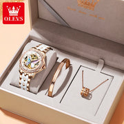 OLEVS Elegant Ladies Watch Butterfly Dial Design Waterproof Ceramic Strap Bracelet Set with Diamonds Ideal Gift