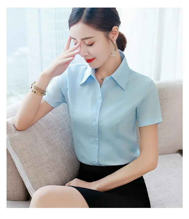 Fashion White Short Sleeve Women's Blouse Solid Tops for Autumn 2023 Ladies Work Shirt Eye Catching Basic Clothing