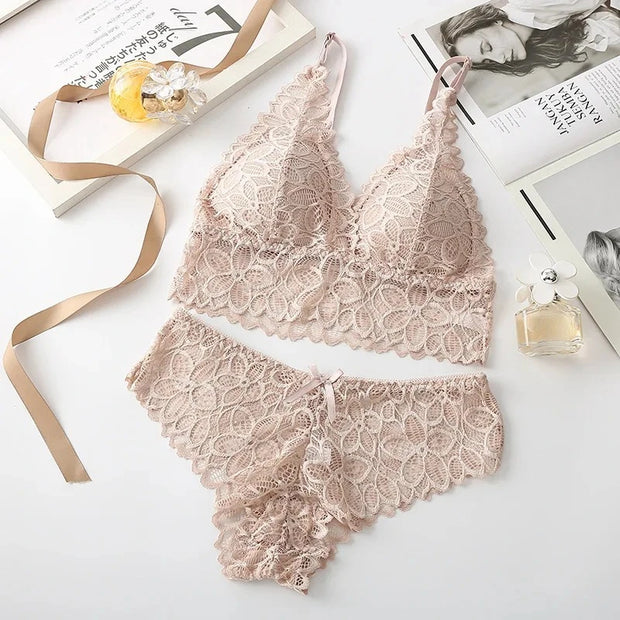 Sexy Lace Women Underwear Set Seamless Wire Free Bra Sets Hollow Out Bra and Panty Sets For Women Embroidery Intimates Lingerie