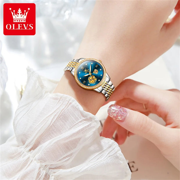 OLEVS 6706 Automatic Mechanical Wristwatch for Women Luxury Flower Diamond Dial Waterproof Ladies Hand Clock