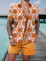 Casual Men's Short-Sleeved Shirt and Beach Shorts Set for Hawaiian Vacation Eye-Catching Design That Keeps Shorts Cool