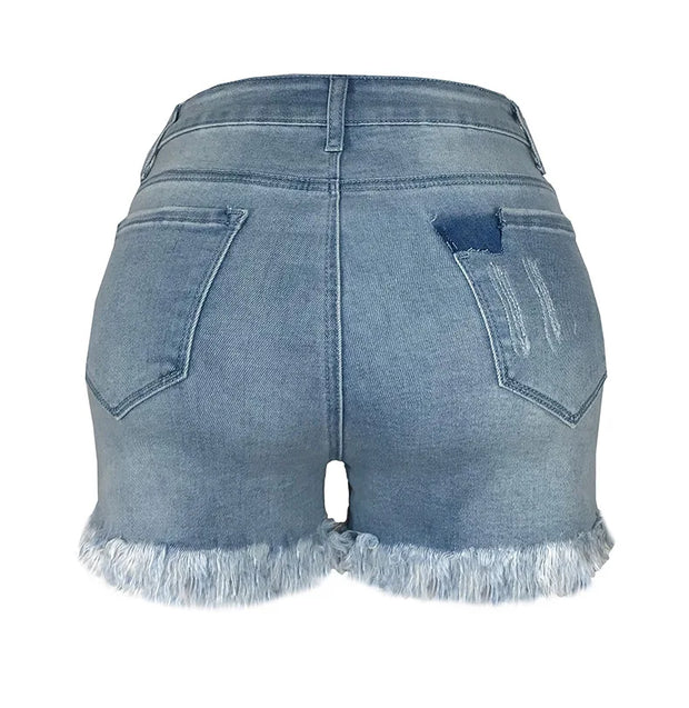 2025 Summer New Women's Ripped Denim Shorts Fashion High Elastic Tassel Straight Jeans Shorts Casual Sexy Ladies Shorts