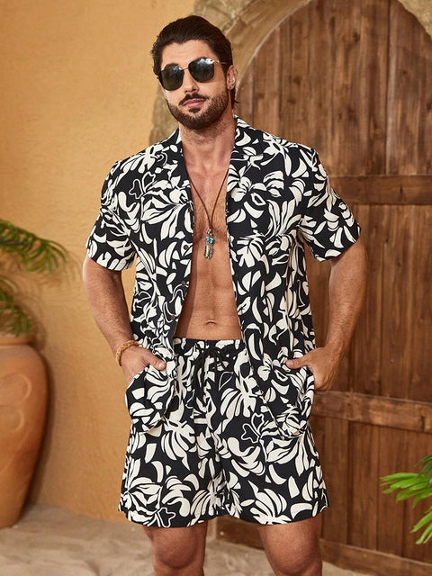 Casual Men's Short-Sleeved Shirt and Beach Shorts Set for Hawaiian Vacation Eye-Catching Design That Keeps Shorts Cool