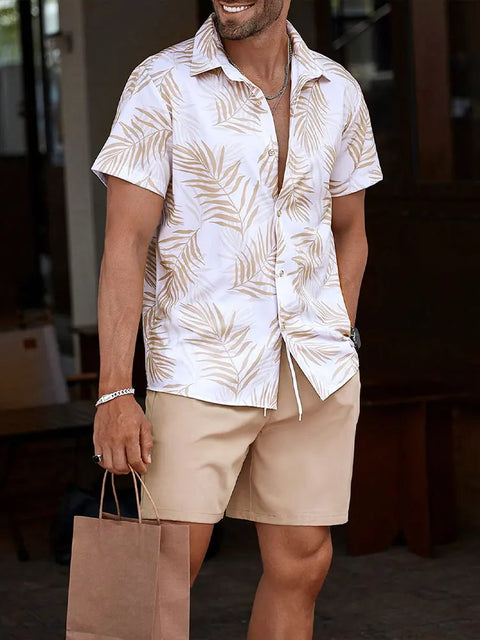 New Palm Leaf Print Men's Casual Shirt Hawaiian Men's Beach Shorts Summer Everyday Short-sleeved Shirt And Sports Shorts Set