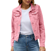 Women's Denim Jackets for Fashion Casual Long Sleeve Lapel Solid Single Button Chest Pocket Slim Fit Jean Coat for Fall Winter