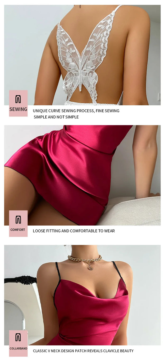 Summer Sexy Ice Silk Pajamas for Women Suspenders Backless Butterfly Nightdress Home Wear