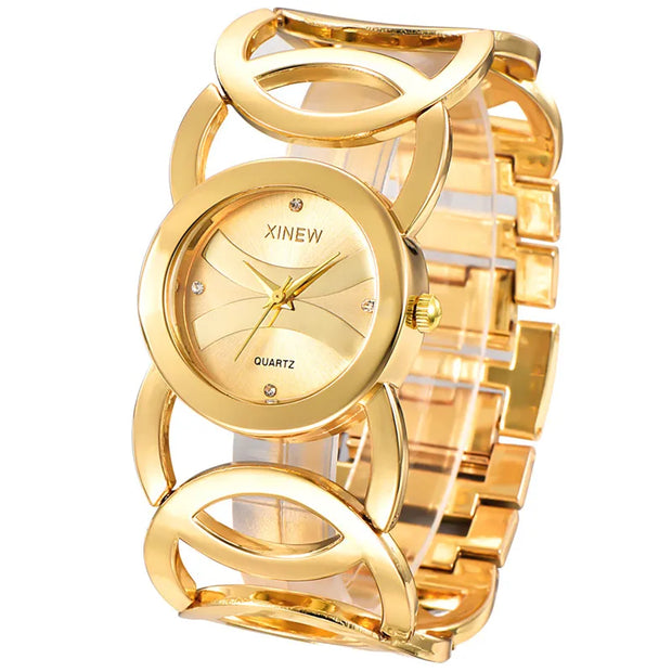 Women's Luxury Quartz Watch Original XINEW 6438 Casual Golden Bracelet Wristwatch Fashionable Feminine Relogios