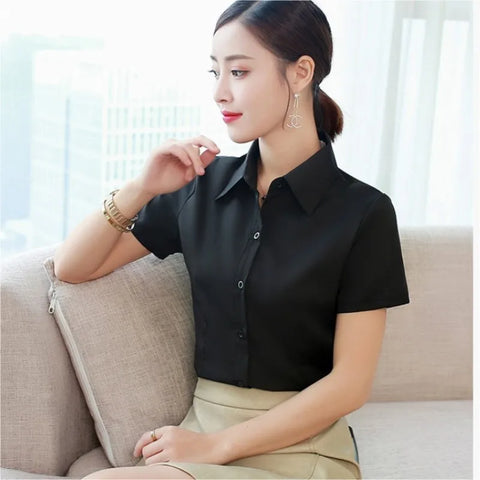 Fashion White Short Sleeve Women's Blouse Solid Tops for Autumn 2023 Ladies Work Shirt Eye Catching Basic Clothing