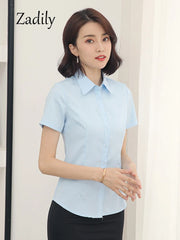 Summer Women's Office Lady Button Up White Slim Fit Basic Shirt Minimalist Short Sleeve Work Top for Women Clothing