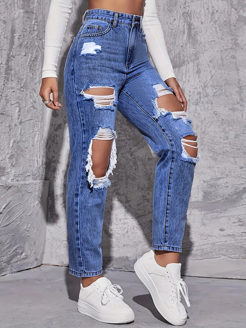 American Retro High-Waist Hole-Punched Women's Jeans Straight-Crotch Slim Fit Wide-Leg Design for High-Street Casual Wear