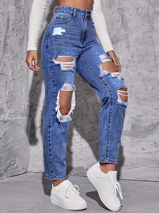 American Retro High-Waist Hole-Punched Women's Jeans Straight-Crotch Slim Fit Wide-Leg Design for High-Street Casual Wear