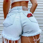 Denim Shorts for Women High Street Style with Red Lips Printed Jean Shorts Causal New Teeth Bite Bullet Pattern Summer Tassel Shorts