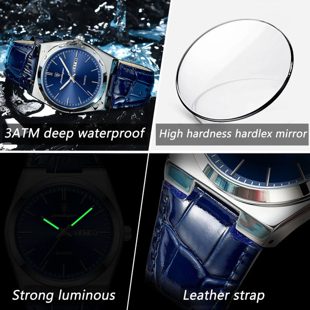 POEDAGAR Luxury Men's Watch Military Leather Wristwatch Waterproof Luminous Date Week Quartz Clock