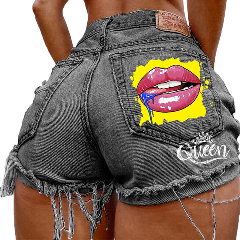 Denim Shorts for Women High Street Style with Red Lips Printed Jean Shorts Causal New Teeth Bite Bullet Pattern Summer Tassel Shorts