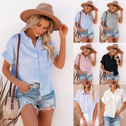 Elegant Women's Short Sleeve Blouse Cotton Fitting Pocket White Shirt for Summer 2024 Eye Catching