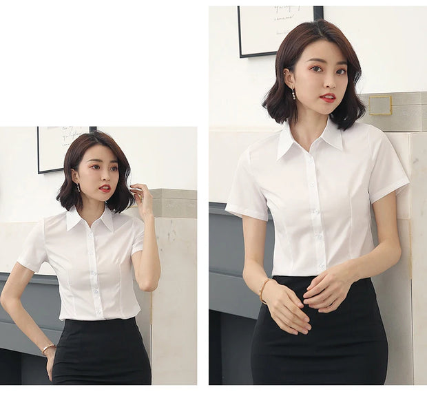 Summer Women's Office Lady Button Up White Slim Fit Basic Shirt Minimalist Short Sleeve Work Top for Women Clothing