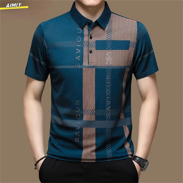 Casual Business Men's Polo Shirt Short Sleeves Summer Pattern Print Button-up Loose Fashion Tops