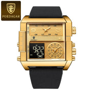 Luxury Men's Quartz Wristwatch Multifunctional Digital Watch with Rectangle Waterproof Luminous Hour and Day Week Display