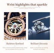 OLEVS 7036 Automatic Mechanical Wrist Watch for Women with Elegant Steel Strap Skeleton Starry Sky Diamond Bezel