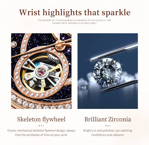 OLEVS 7036 Automatic Mechanical Wrist Watch for Women with Elegant Steel Strap Skeleton Starry Sky Diamond Bezel