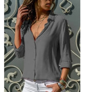 Elegant Women's Chiffon Blouse Solid Color V-Neck Long Sleeve Casual Shirt for Office Lady Tunics Oversized Tops