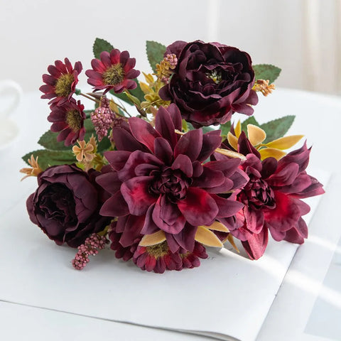 1Pc Hot sale Artificial Flower Silk Dahlia Rose daisy Christmas Home Decoration Bonsai Room Wedding Bridal Bouquet Party Diy box