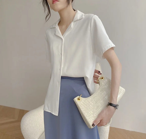 Elegant Women's Summer Chiffon Blouse Casual Turn Down Collar Short Sleeve Loose Shirt Korean Chic Female Tunic