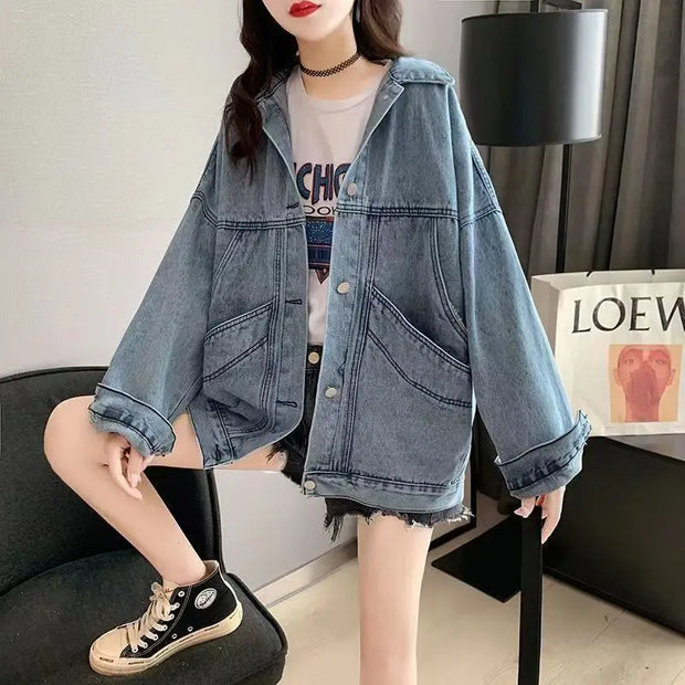 Elegant Women's Denim Coat with Turn Down Collar Maxi Length Single Breasted Casual Streetwear Jeans Jacket for Autumn and Spring