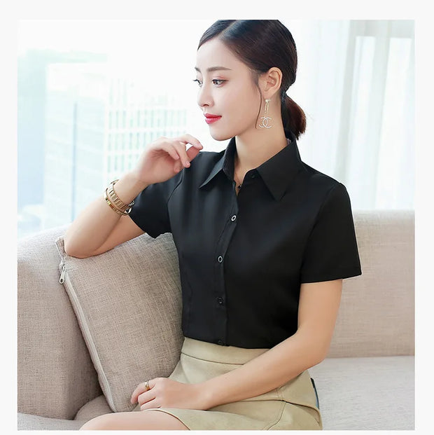 Fashion White Short Sleeve Women's Blouse Solid Tops for Autumn 2023 Ladies Work Shirt Eye Catching Basic Clothing