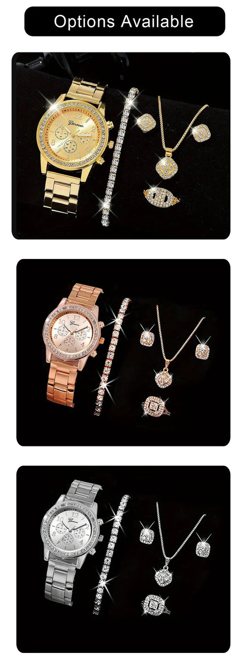 Gold Watch Women Luxury Set with Ring Necklace Earrings Rhinestone Fashion Wristwatch Female Casual Bracelet