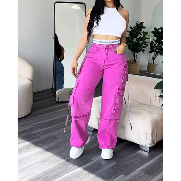 High Waist Wide Leg Denim Straight Jeans for Women Y2K Hip-hop Streetwear Loose Fit Colorblocked Design Short Length