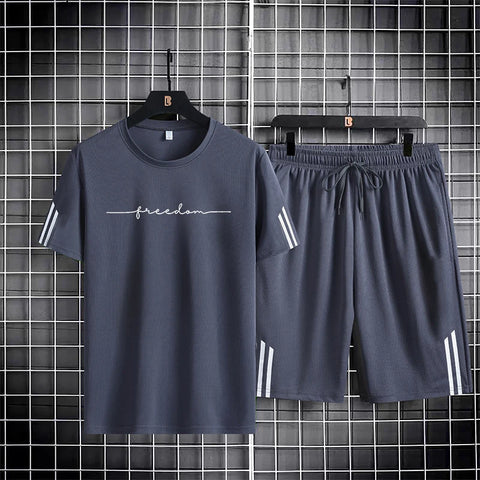 【 M-5XL 】 Summer men's set 2024 new quick drying breathable mesh short sleeved T-shirt and shorts two-piece running sports set