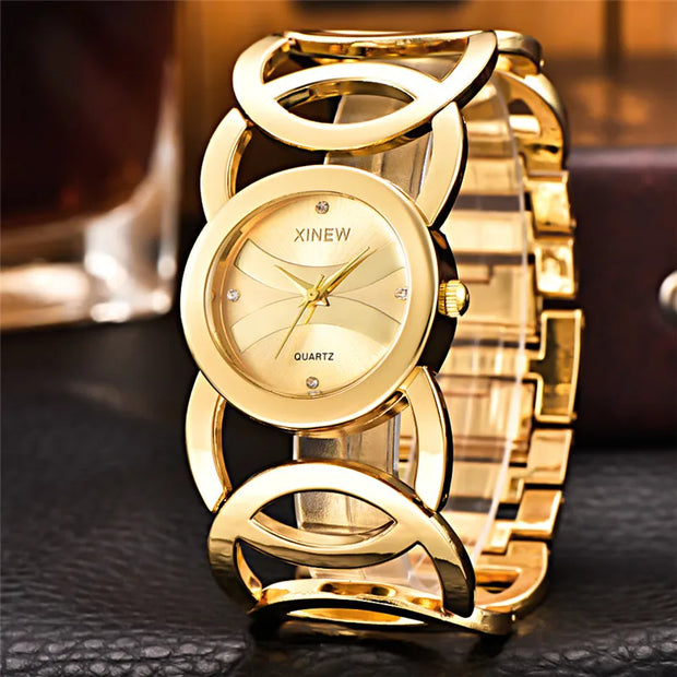 Women's Luxury Quartz Watch Original XINEW 6438 Casual Golden Bracelet Wristwatch Fashionable Feminine Relogios