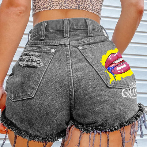 Denim Shorts for Women High Street Style with Red Lips Printed Jean Shorts Causal New Teeth Bite Bullet Pattern Summer Tassel Shorts