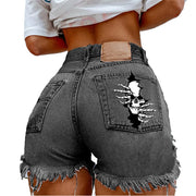 Denim Shorts for Women High Street Style with Red Lips Printed Jean Shorts Causal New Teeth Bite Bullet Pattern Summer Tassel Shorts