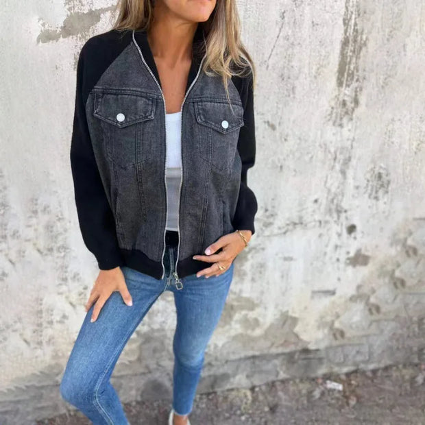 Autumn Winter Denim Patchwork Jacket for Women Casual Fashion V-Neck Long Sleeve Shoulder Rubbing Coat