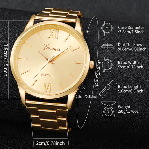 Fashionable Women's Quartz Watch 6PCS Set with Gold Steel Band Unisex Bracelets Style for Casual and Business Wear