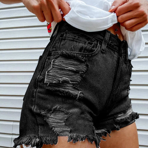 FAGADOER High Waisted Torn Denim Shorts for Women Casual Y2K Street Style with Eye Catching Printing Tassels