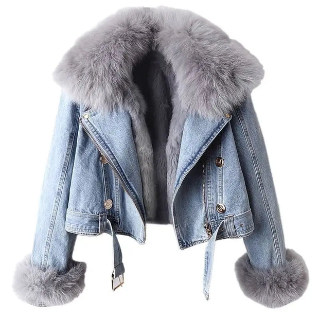 2024 Autumn Winter Women's Denim Jacket with Detachable Faux Fox Rabbit Fur Lining Short Top for Cold Weather Parker Outwear